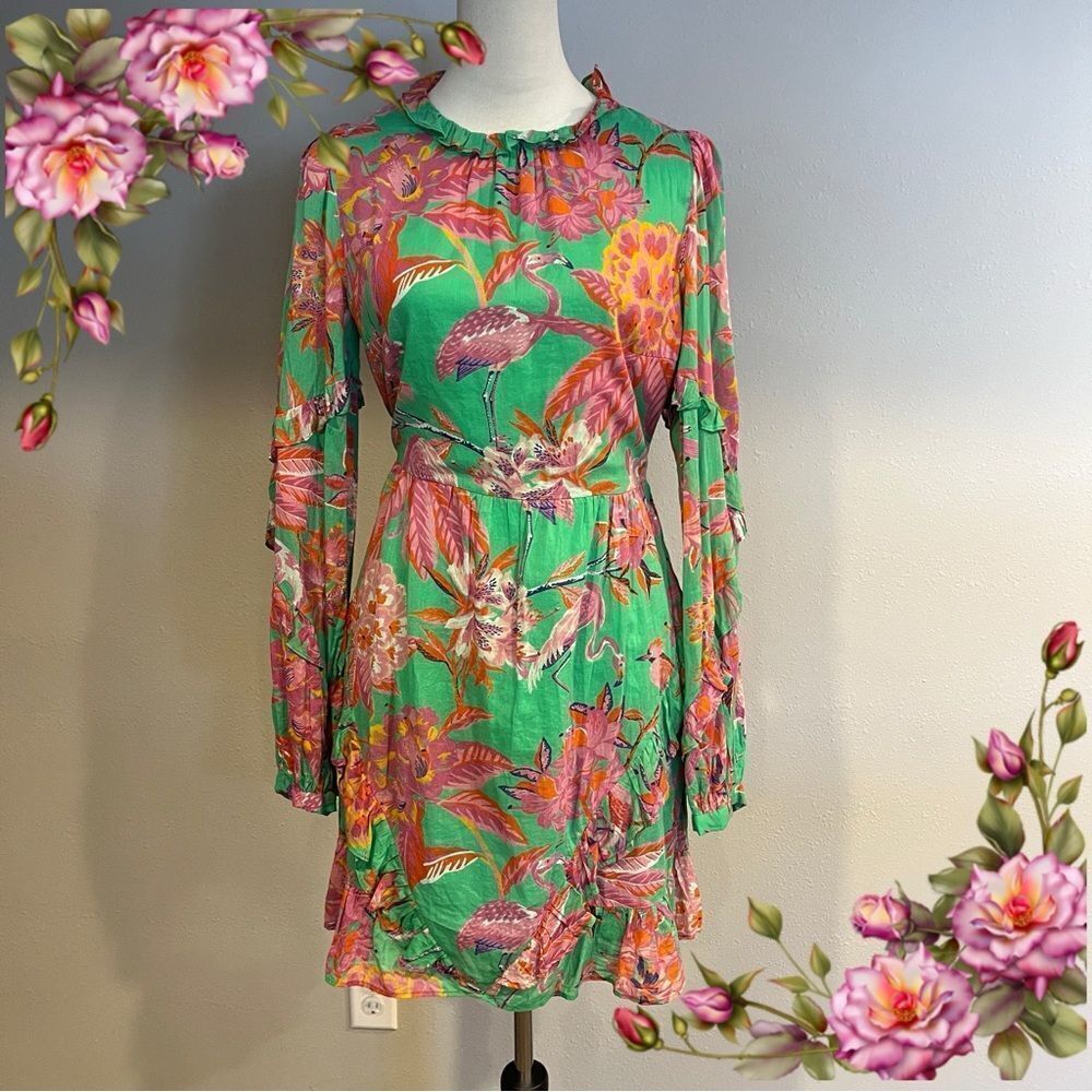 Banjanan Green and Pink Floral Long Sleeve Dress